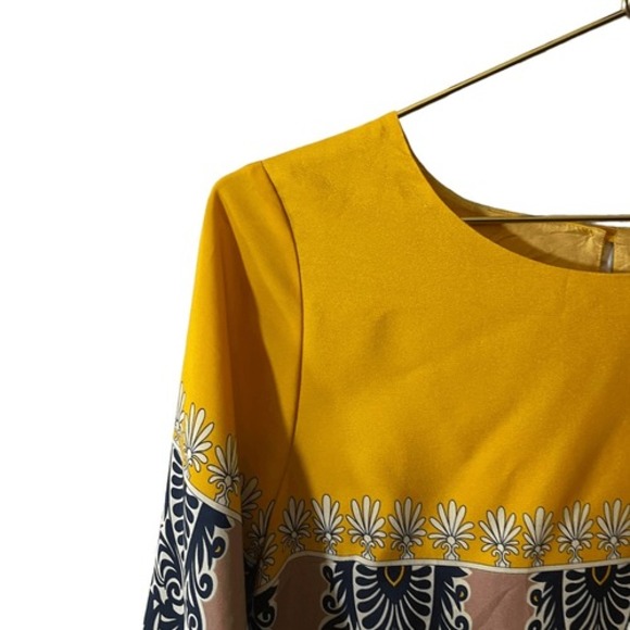 J.Crew Factory Yellow Foulard Border Print Shift Dress 3/4 Sleeve Crew Neck Mini - Picture 5 of 11